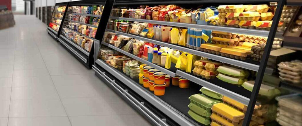 refrigerated freight broker view of the cold food grocery aisle.