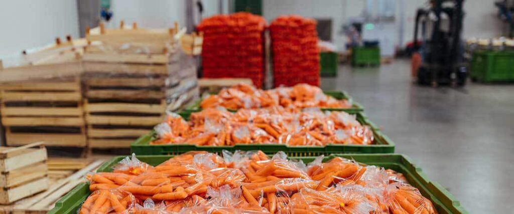 Close up image of a crate of packaged carrots