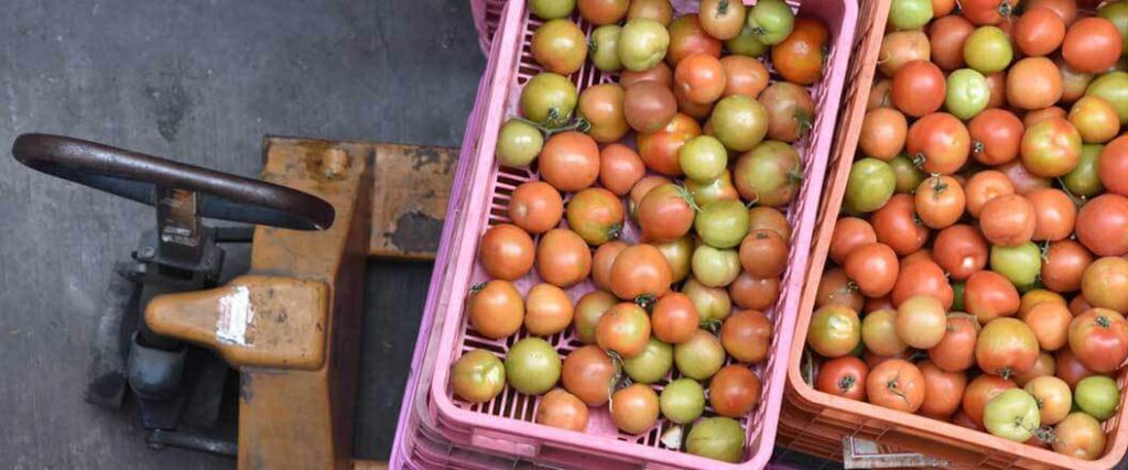 A pallet jack underneath stacks of plastic crates holding apples