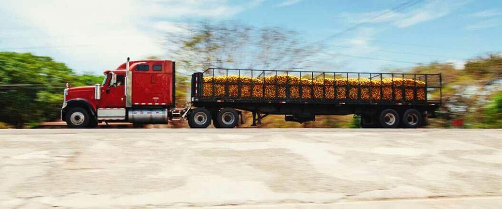 A semi truck transporting produce in the trailer it's hauling