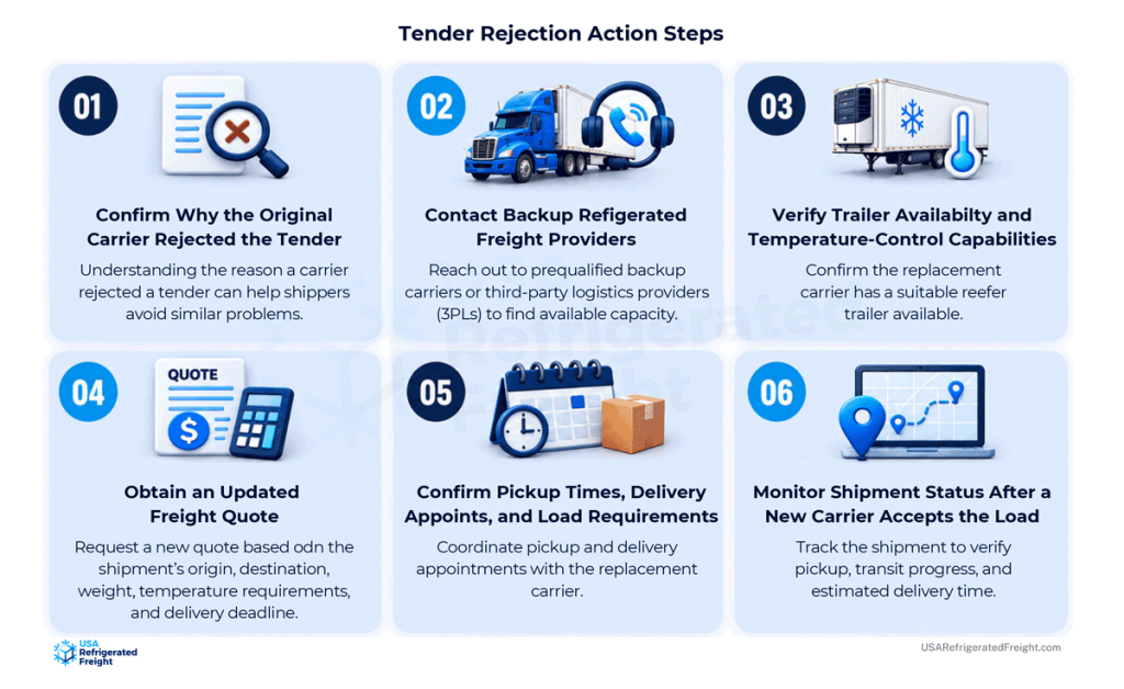 The graphic shows the six action steps shippers should follow if their reefer tender gets rejected. First, the must confirm why the original carrier rejected the tender. Second, they should contact backup refrigerated freight providers. Third, they should verify trailer availability and temperature-controlled capabilities. Fourth, the should obtain an updated freight quote. Fifth, they must confirm pickup times, delivery appointments, and load requirements. Sixth, they should monitor shipment status after a new carrier accepts the load. 